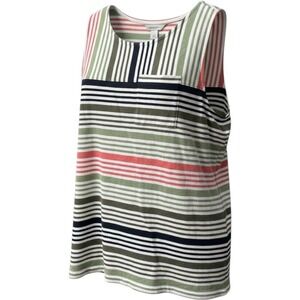 Cj Banks Women 2X Striped Tank Top Sleeveless Pocket Green Coral Navy Cotton